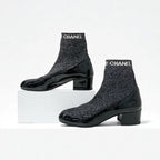 Chanel Boots Short Shoes Patent Fabric Black Silver Coco Mark Lame Sock — view 4