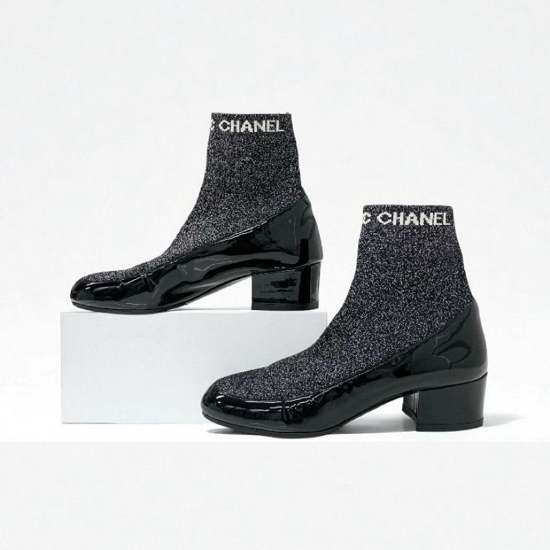 Chanel Boots Short Shoes Patent Fabric Black Silver Coco Mark Lame Sock — view 4