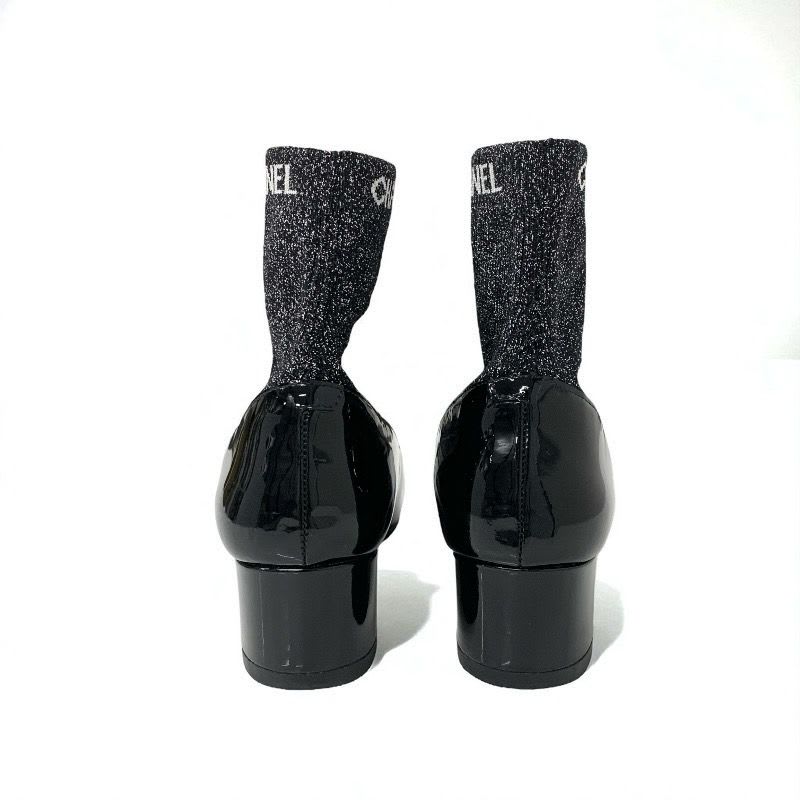 Chanel Boots Short Shoes Patent Fabric Black Silver Coco Mark Lame Sock — view 5
