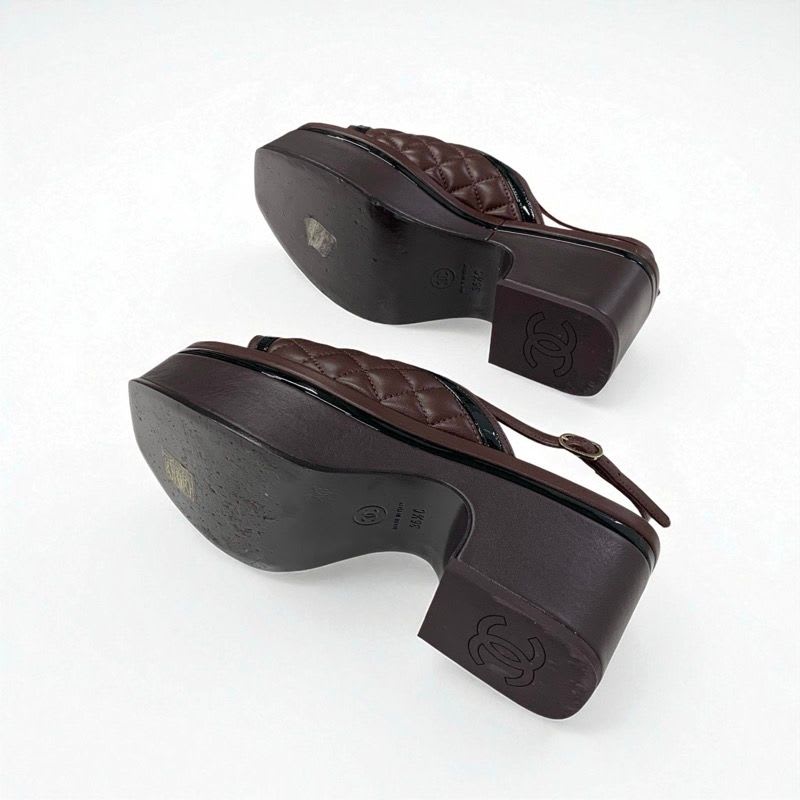 Chanel Sandals Shoes Leather Brown Black Quilted Sling Bag