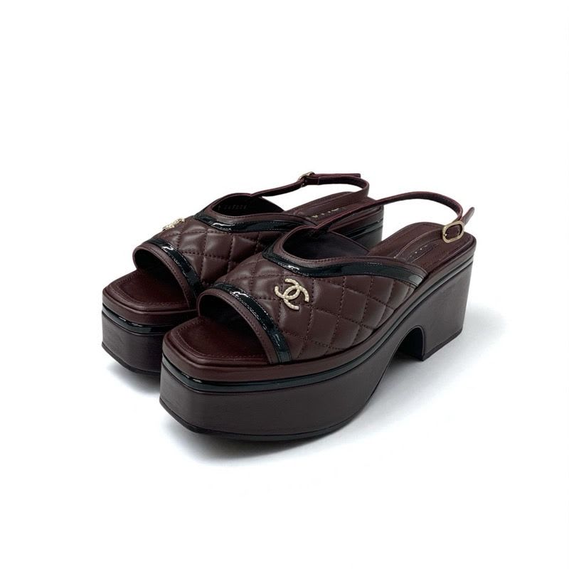 Chanel Sandals Shoes Leather Brown Black Quilted Sling Bag
