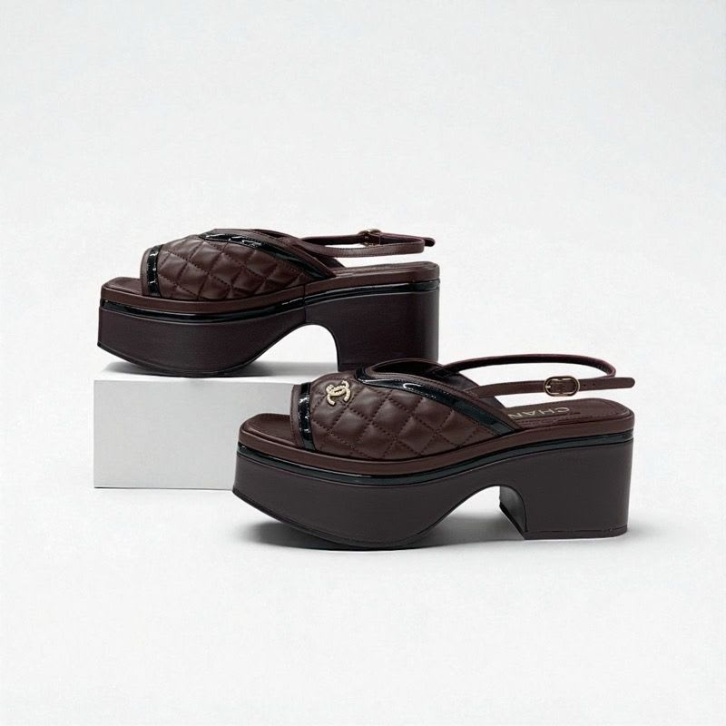 Chanel Sandals Shoes Leather Brown Black Quilted Sling Bag