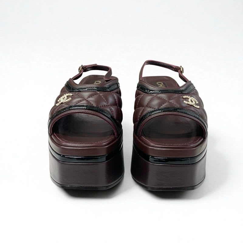 Chanel Sandals Shoes Leather Brown Black Quilted Sling Bag