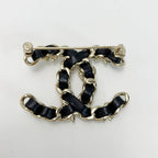 Chanel Coco Mark Rhinestone Faux Pearl Brooch B22 V Black Gold Leather — view 3