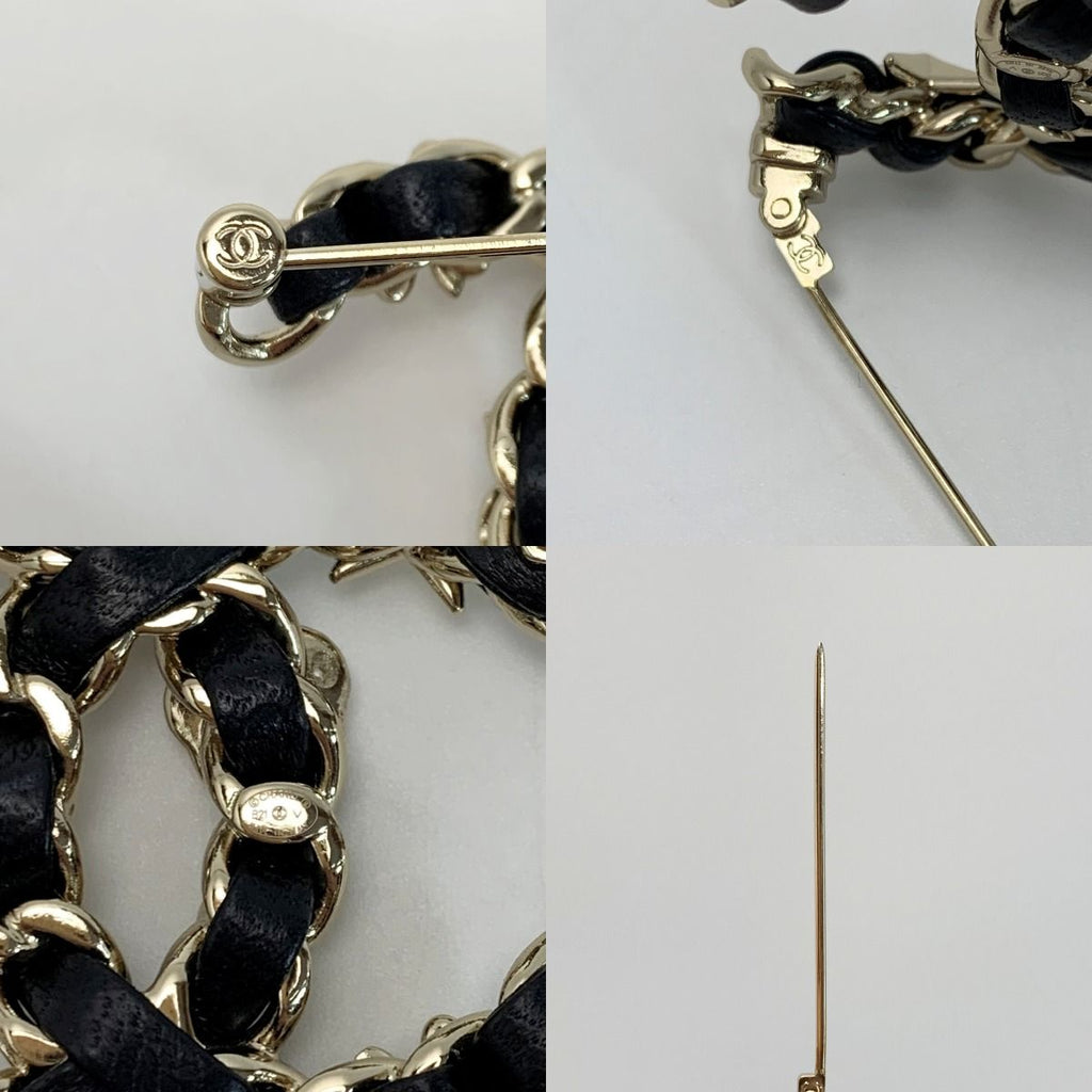 Chanel Coco Mark Rhinestone Faux Pearl Brooch B22 V Black Gold Leather — view 6