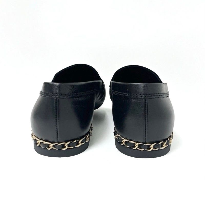 Chanel Loafer Leather Shoes Black Gold Coco Mark Chain Flat — view 5