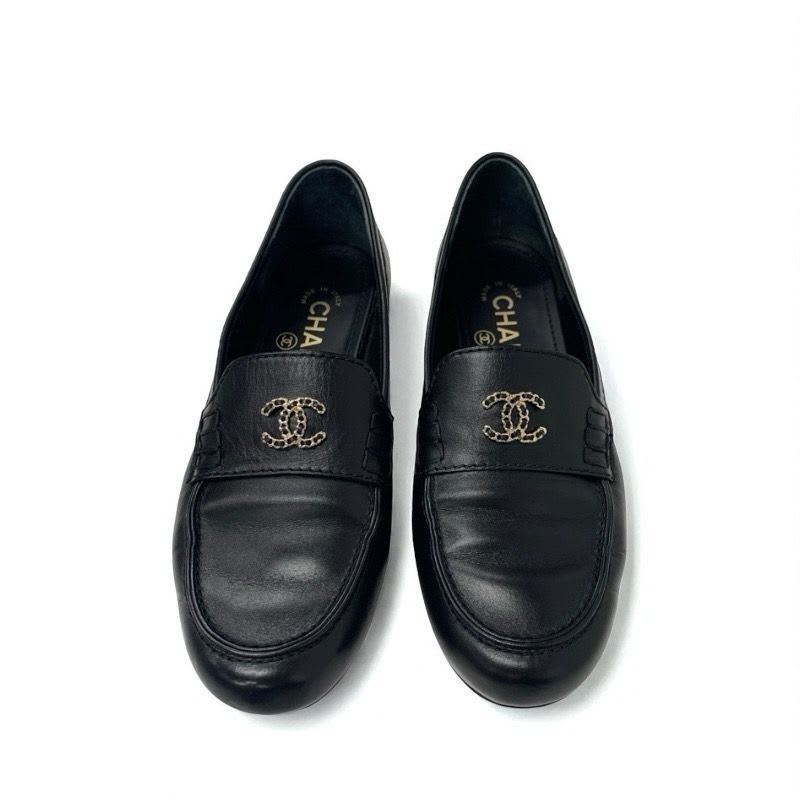 Chanel Loafer Leather Shoes Black Gold Coco Mark Chain Flat — view 3