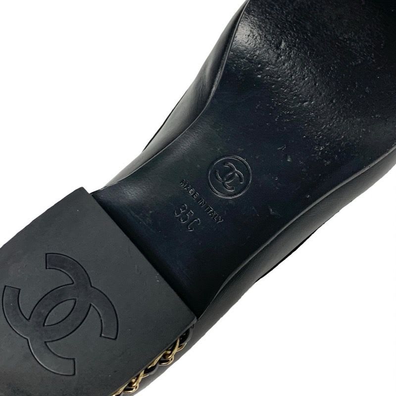 Chanel Loafer Leather Shoes Black Gold Coco Mark Chain Flat — view 8