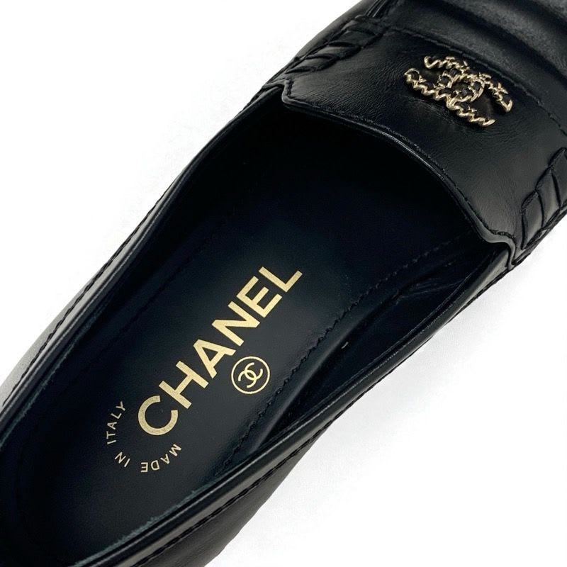 Chanel Loafer Leather Shoes Black Gold Coco Mark Chain Flat — view 7