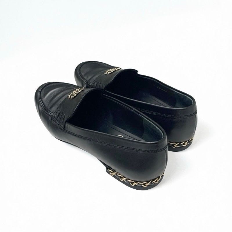 Chanel Loafer Leather Shoes Black Gold Coco Mark Chain Flat — view 4