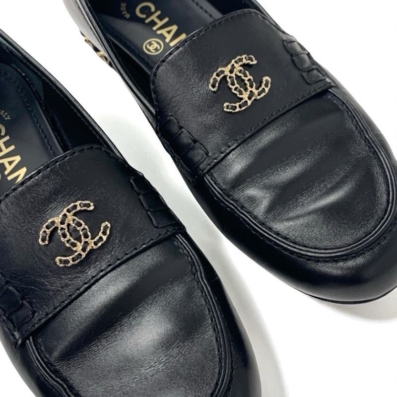 Chanel Loafer Leather Shoes Black Gold Coco Mark Chain Flat — view 2