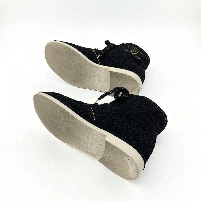 Chanel Boots Short Shoes Tweed Black Gold Coco Mark Lace Up — view 6