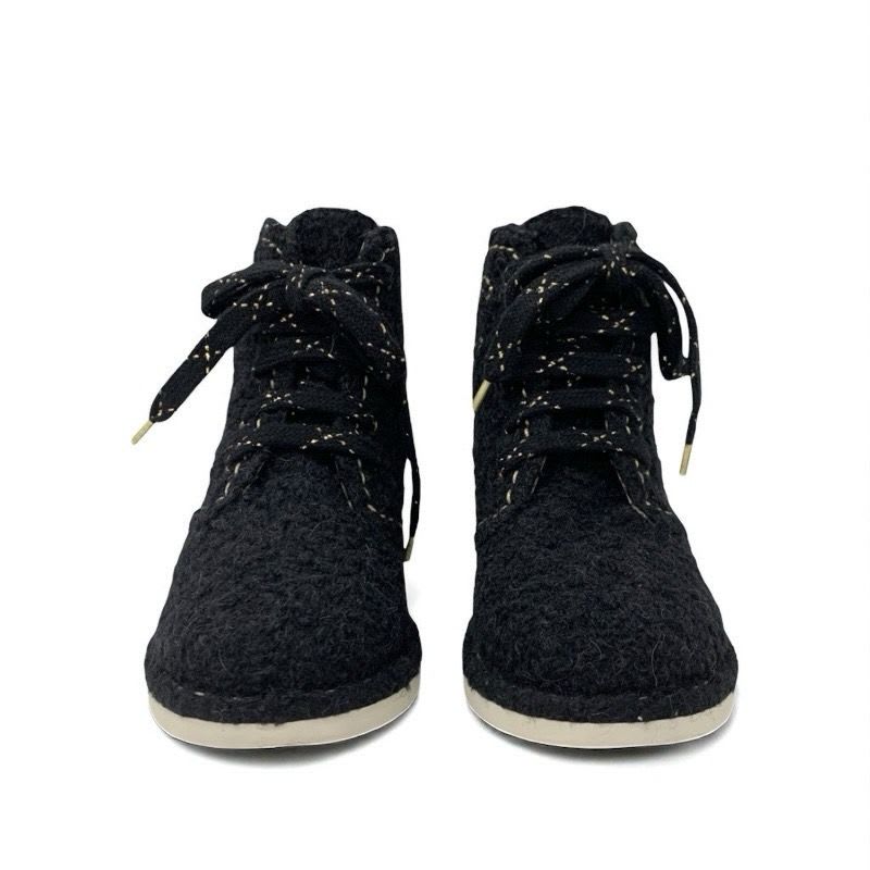Chanel Boots Short Shoes Tweed Black Gold Coco Mark Lace Up — view 2