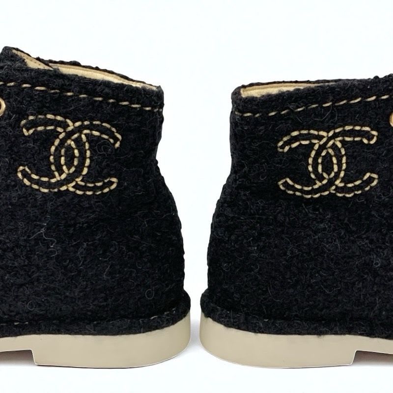 Chanel Boots Short Shoes Tweed Black Gold Coco Mark Lace Up — view 9