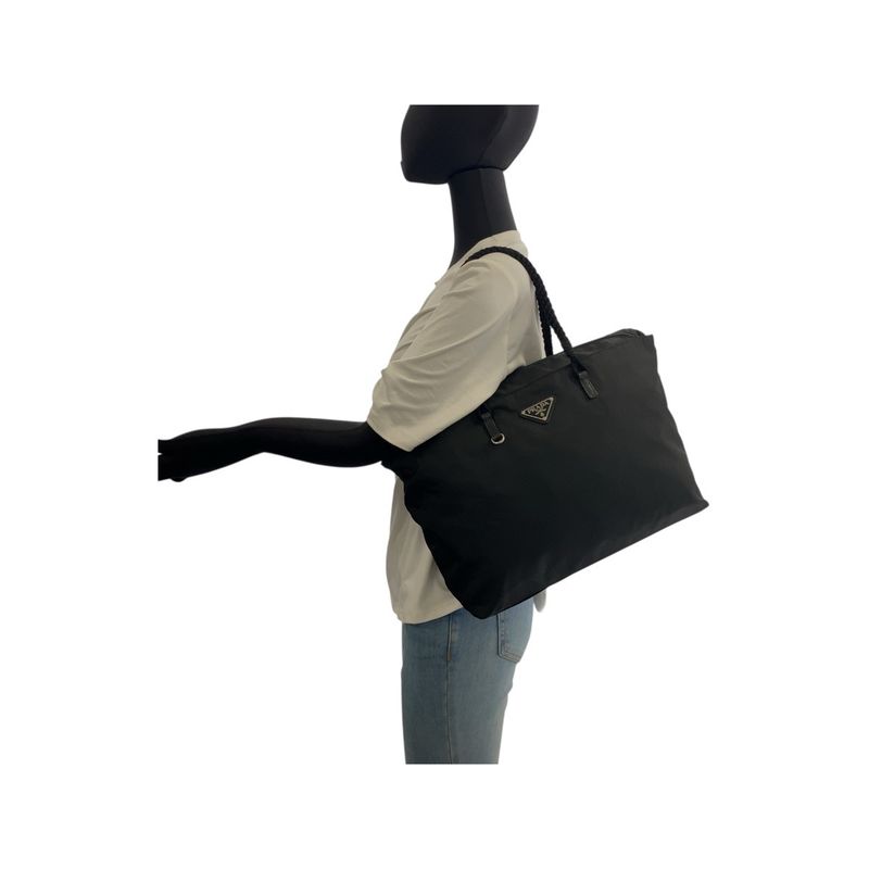 Prada Tessuto Triangle Logo Plate Black Silver Hardware Nylon Tote Bag — view 7