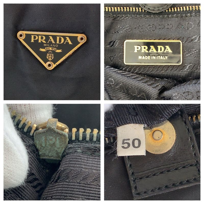 Prada Tessuto Triangle Logo Plate Black Gold Hardware Nylon Leather Tote Bag — view 4