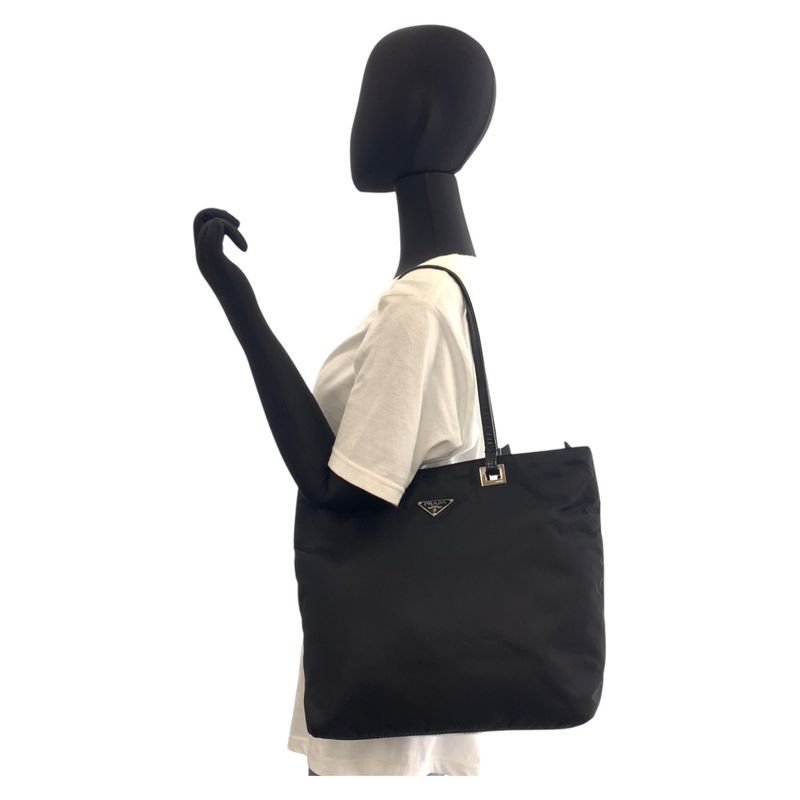 Prada Tessuto Triangle Logo Plate Black Silver Hardware Nylon Leather Tote Bag — view 6