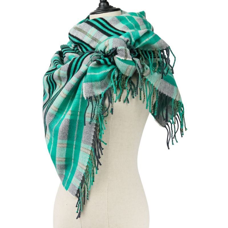 Hermes Cashmere Tartan Check Fringe Blanket Scarf Large Shawl Green — view 3