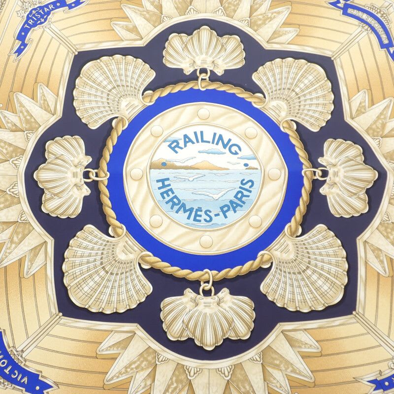 Hermes Carre 90 Ship's Handrail Railing Scarf Large Silk Ivory Blue Gold — view 3