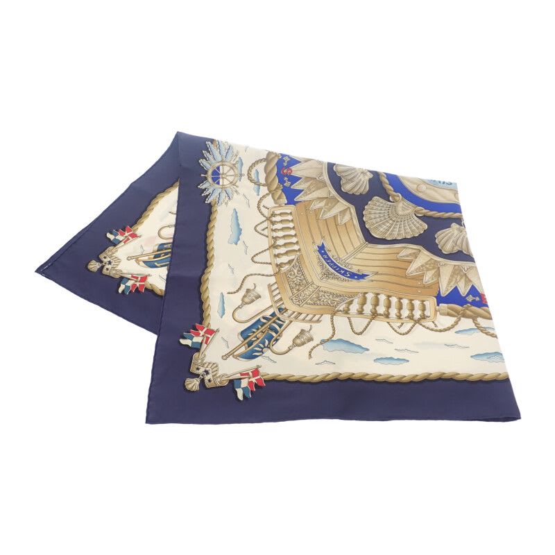 Hermes Carre 90 Ship's Handrail Railing Scarf Large Silk Ivory Blue Gold — view 2