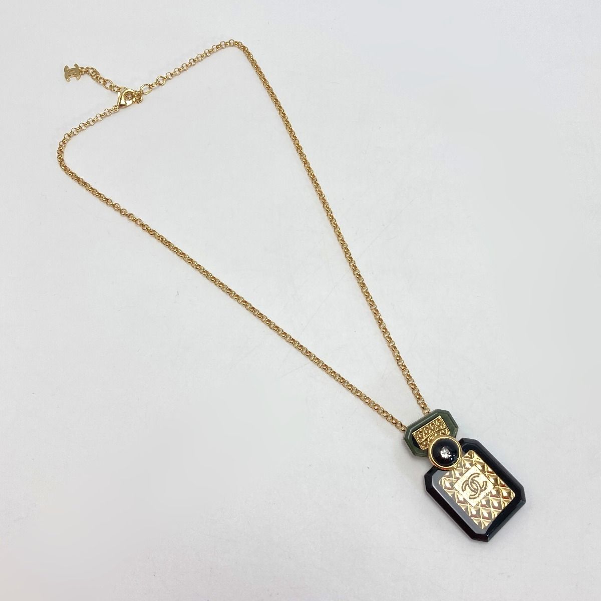 Chanel Coco Mark Perfume Bottle Motif Necklace B23 a Gold Black Resin GP — view 4
