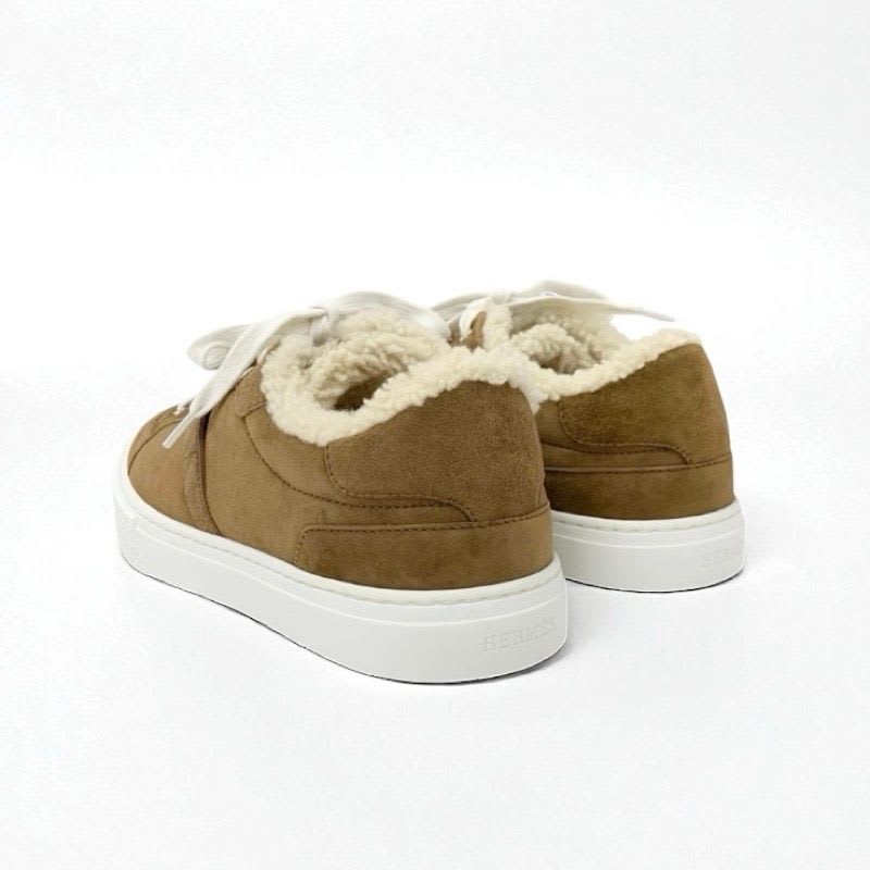 Hermes Day Sneakers Shoes Suede Mouton Brown Silver Kelly Hardware — view 4
