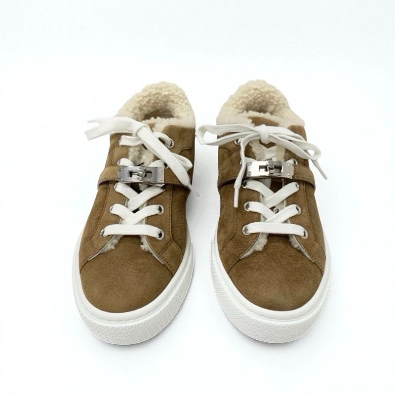 Hermes Day Sneakers Shoes Suede Mouton Brown Silver Kelly Hardware — view 2
