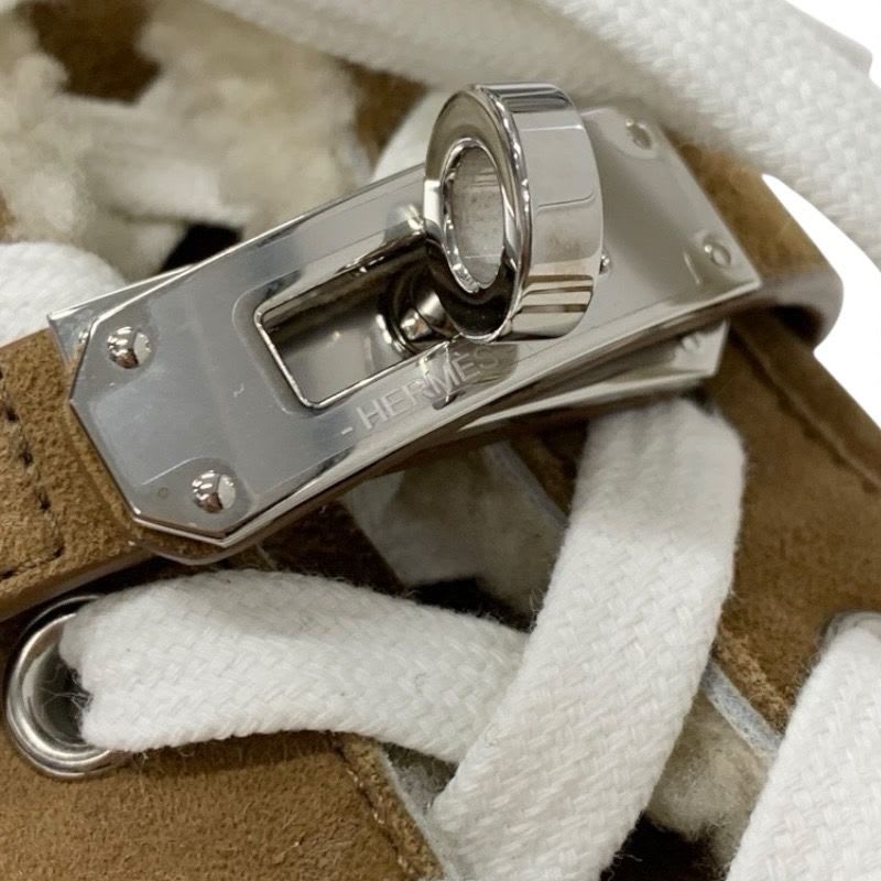 Hermes Day Sneakers Shoes Suede Mouton Brown Silver Kelly Hardware — view 9