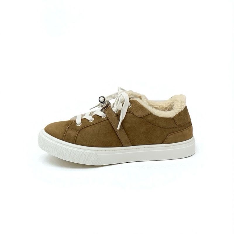 Hermes Day Sneakers Shoes Suede Mouton Brown Silver Kelly Hardware — view 3