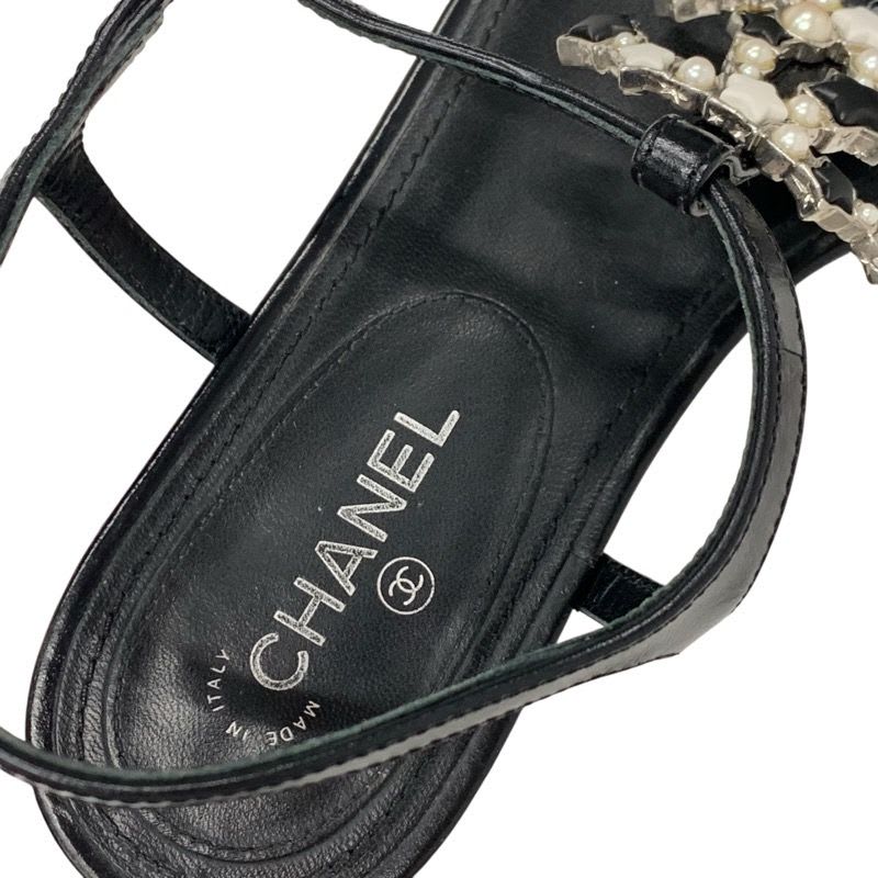 Chanel Sandals Shoes Leather Black Silver Coco Mark Star Pearl Strap Thong — view 7