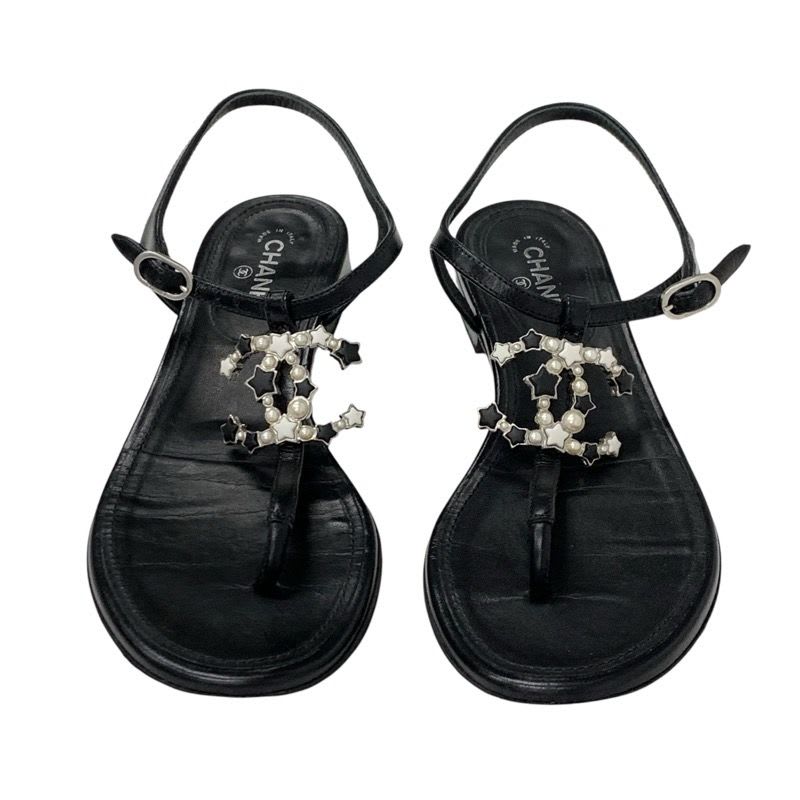 Chanel Sandals Shoes Leather Black Silver Coco Mark Star Pearl Strap Thong — view 2