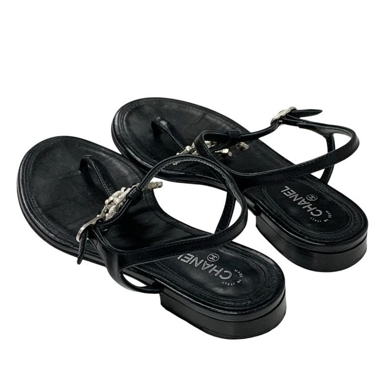 Chanel Sandals Shoes Leather Black Silver Coco Mark Star Pearl Strap Thong — view 4
