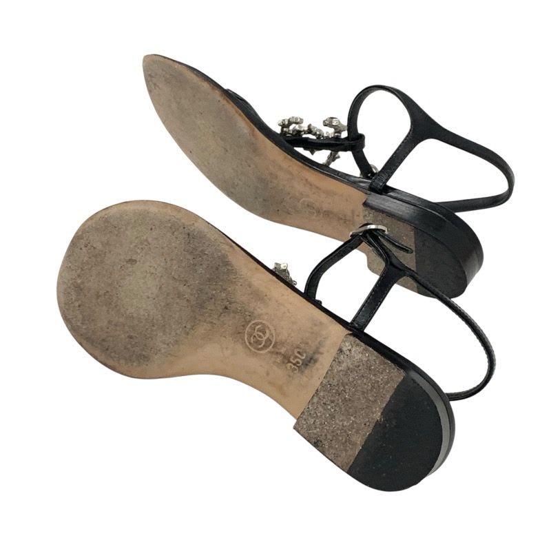 Chanel Sandals Shoes Leather Black Silver Coco Mark Star Pearl Strap Thong — view 6