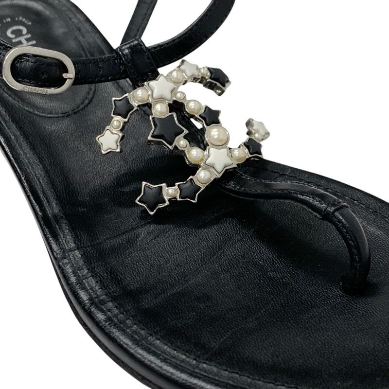 Chanel Sandals Shoes Leather Black Silver Coco Mark Star Pearl Strap Thong — view 9
