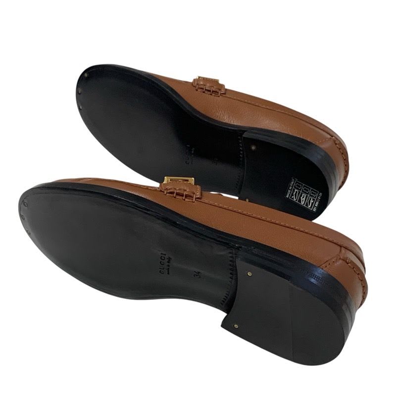 Gucci Loafer Leather Shoes Brown Gold Metal Logo Flat — view 7