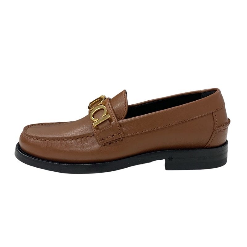 Gucci Loafer Leather Shoes Brown Gold Metal Logo Flat — view 4