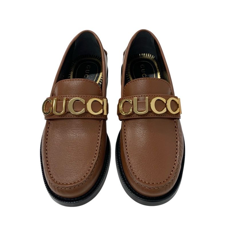 Gucci Loafer Leather Shoes Brown Gold Metal Logo Flat — view 3