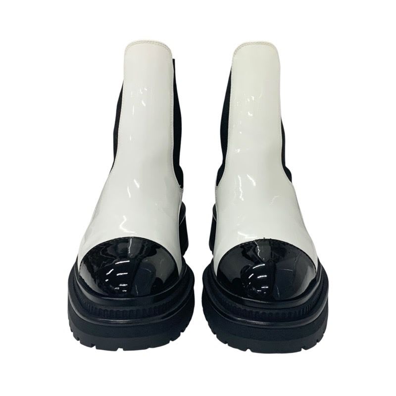 Chanel Boots Short Shoes Patent White Black Coco Mark Side Gore — view 2