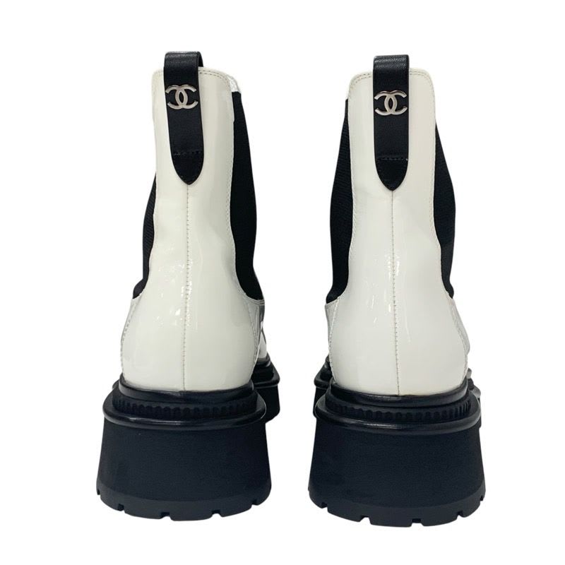 Chanel Boots Short Shoes Patent White Black Coco Mark Side Gore — view 5