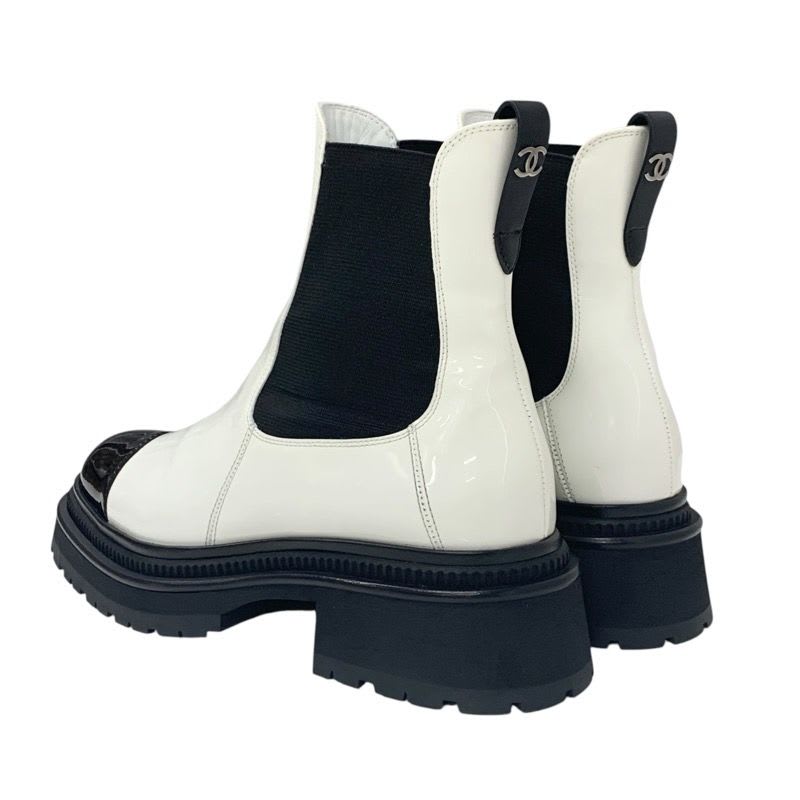 Chanel Boots Short Shoes Patent White Black Coco Mark Side Gore — view 4