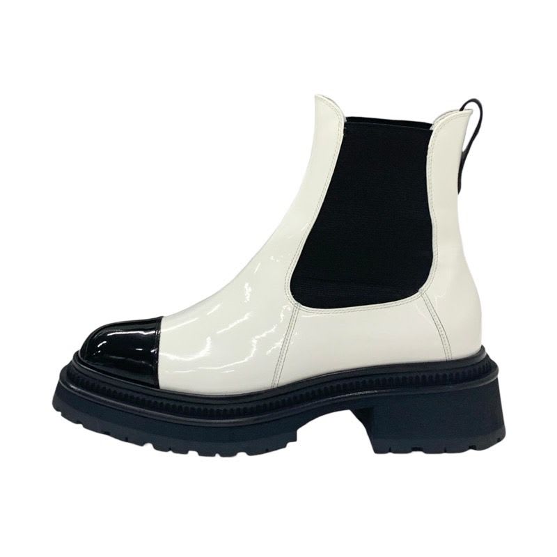 Chanel Boots Short Shoes Patent White Black Coco Mark Side Gore — view 3