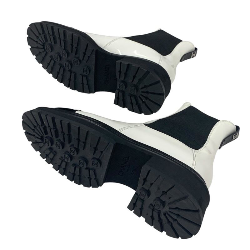 Chanel Boots Short Shoes Patent White Black Coco Mark Side Gore — view 6