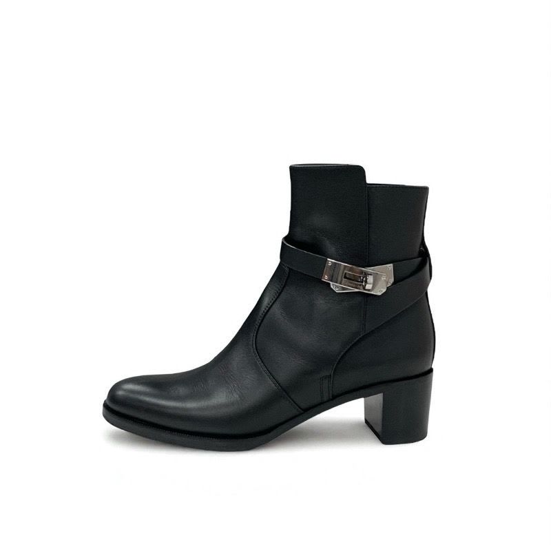 Hermes Frenchie Boots Short Shoes Leather Black Silver Kelly Hardware — view 3
