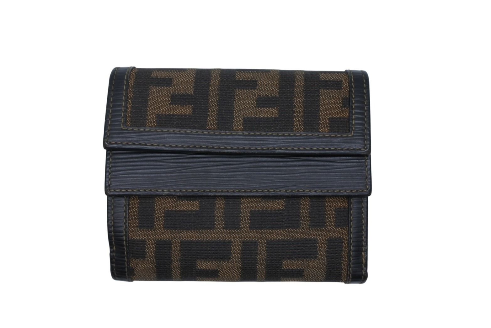 Fendi Zucca Pattern Trifold Wallet Compact Canvas Leather Brown Gold