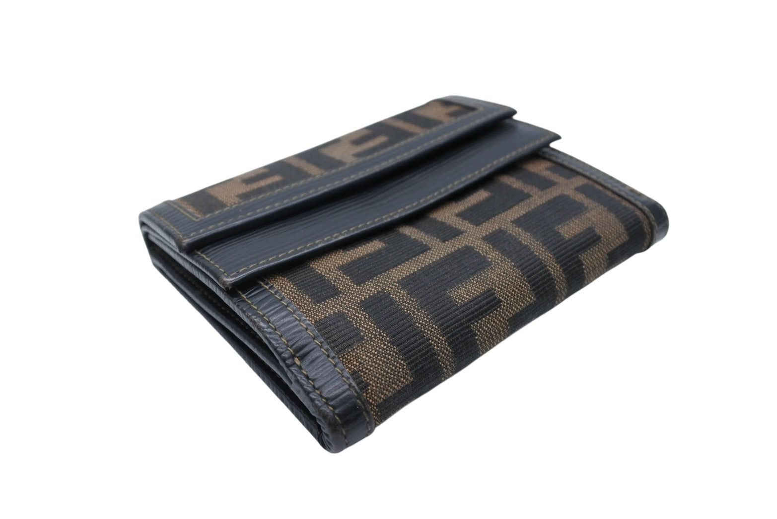 Fendi Zucca Pattern Trifold Wallet Compact Canvas Leather Brown Gold — view 3