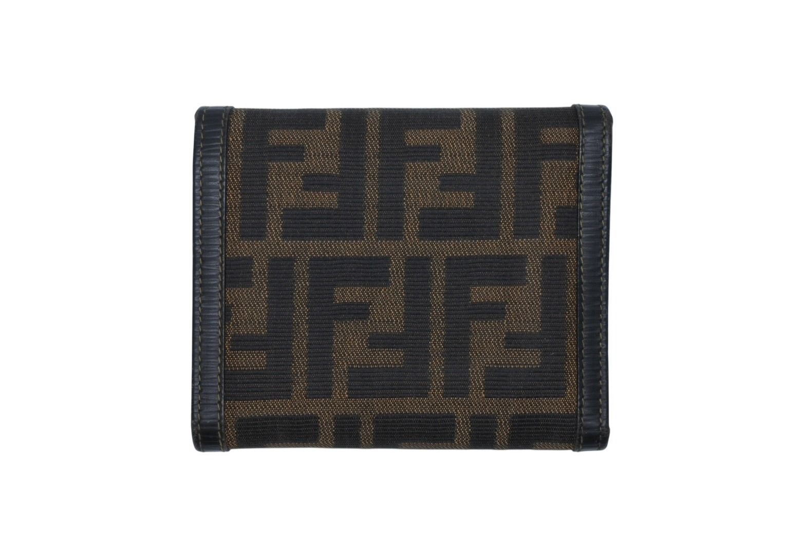 Fendi Zucca Pattern Trifold Wallet Compact Canvas Leather Brown Gold — view 2