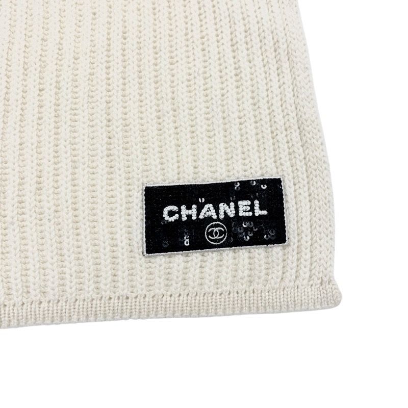 Chanel Muffler Cashmere White Black Coco Mark Logo Sequins Scarf — view 5