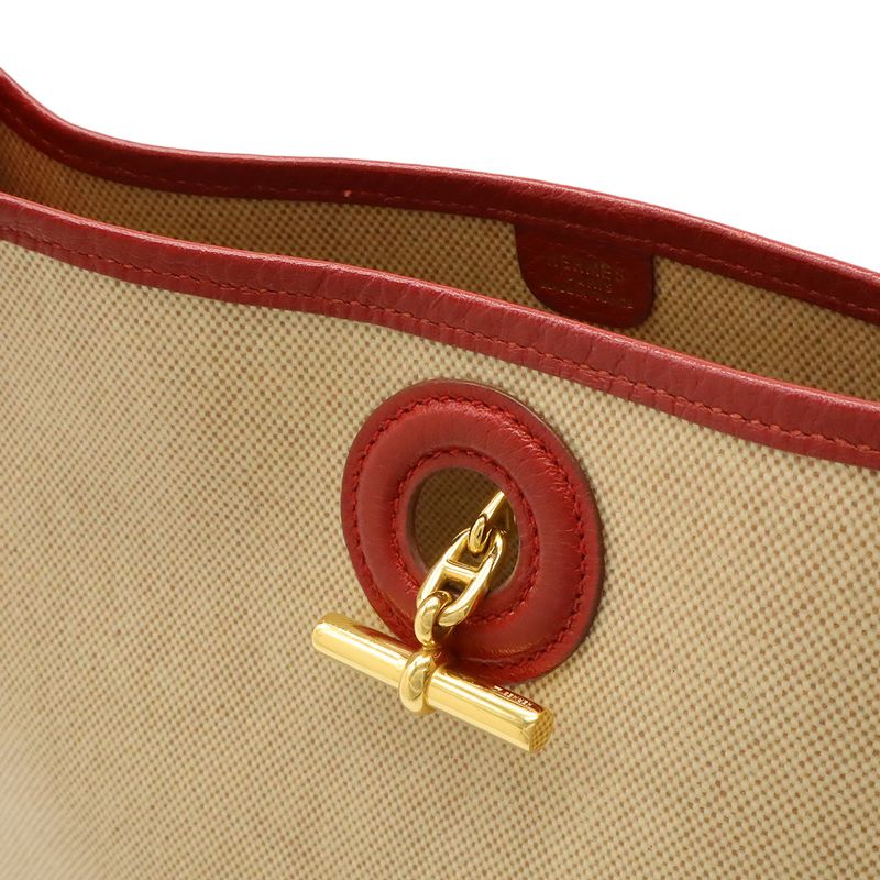 Hermes Vespa PM Shoulder Toile Ash Leather Beige Red Gold Hardware — view 9