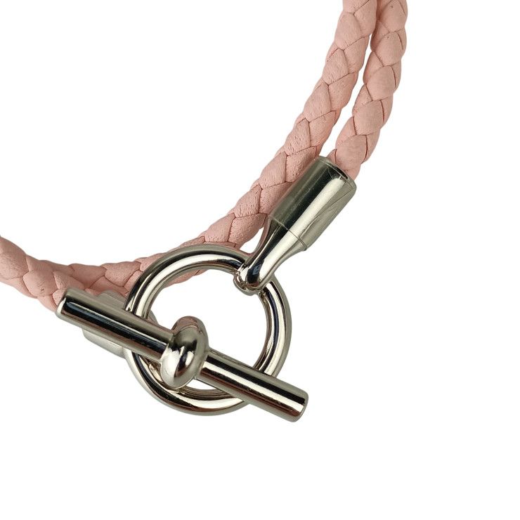 Hermes Bracelet Glenan Pink Leather Doubl Tour Braided Silver Hardware — view 6
