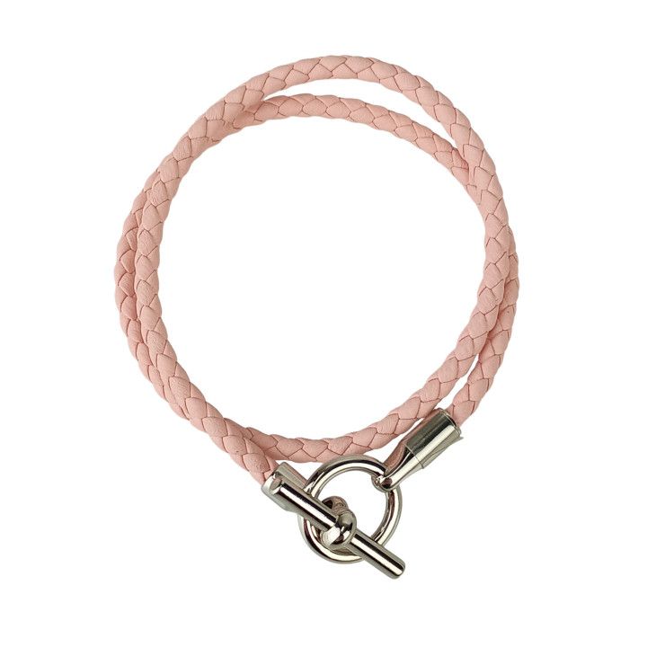 Hermes Bracelet Glenan Pink Leather Doubl Tour Braided Silver Hardware — view 5